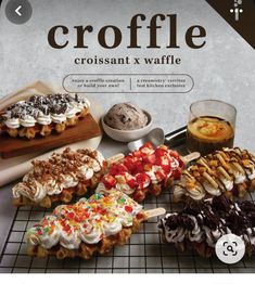 an advertisement for croffle with different types of desserts and toppings on it