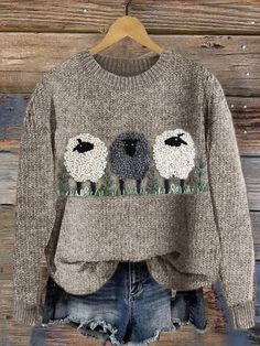 Material: Cotton Blend Pattern Type: Print/Letter Sleeve Type: Long sleeve Style: Sheep Embroidery, Sheep Print, Fluffy Sheep, Cozy Knit Sweater, Grey Knit Sweater, Cozy Knit, Cozy Sweatshirts, Halloween Women, Winter Knits