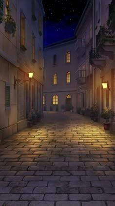 an empty cobblestone street at night with lanterns on the windows and potted plants