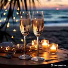 two glasses of champagne sitting on top of a wooden table next to candles and lights