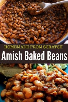 homemade baked beans recipe with text overlay that reads homemade from scratch amish baked beans