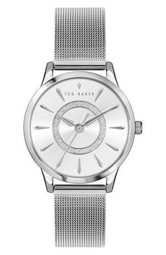 A ring of glitter illuminates the dial of this mesh strap watch that enhances day-to-day ensembles. Stainless steel Imported Watches Women Ted Baker, Girls Watches, Mesh Bracelet, Free Bracelet, Casual Watches, Classic Watches, Classic Chic, Analog Watch, Ted Baker London