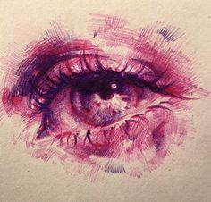 a drawing of an eye is shown in red and purple ink on white paper,