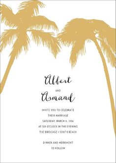 the palm trees are silhouetted against the white background in this tropical wedding card design