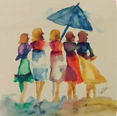 three girls are standing under an umbrella in the rain, one girl is wearing a yellow dress and the other has a blue umbrella