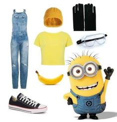 a minion is wearing overalls, yellow t - shirt, and black shoes