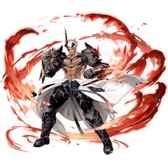 an anime character holding two swords in front of a red circle with flames around him