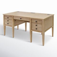 a wooden desk with two drawers and one drawer on the top, in front of a white background