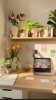 a laptop computer sitting on top of a wooden desk next to potted plants and flowers