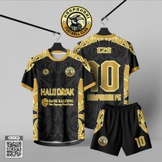 a black and gold soccer uniform with the number 10 on it, next to a hanger