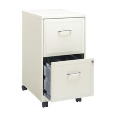 two drawers on wheels with one drawer open and the other closed, all in white