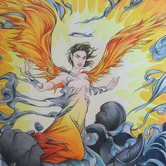 a painting of a woman with wings in the air