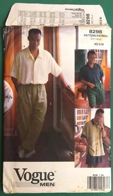 Vintage 90's, men's casual shirt, shorts and pants, to sew. This pattern has a cool, mid-century vibe. From the sewing pattern envelope: "Very loose-fitting shirt has self or contrast collar and sleeve bands, forward shoulder seams, side hemline slits and above elbow sleeves. Narrow hem. A, B: concealed button opening. B, C: pockets. Shorts, above mid-knee or straight legged pants have partially elastic waist, button fly closing, side and back pockets and stitched hems." Pattern: Vogue Men 8298 80s Male Fashion, 90s Male Fashion, 1990s Vogue, 1999 Fashion, Button Fly Pants, Vintage Vogue Sewing Patterns, 90s Fashion Men, Mens 90s, Pants Sewing