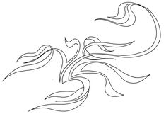 a black and white drawing of a bird flying in the air with long hair on it's back