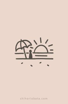 a drawing of an umbrella and the sun on a beach with people standing under it