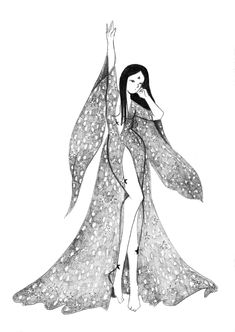 a black and white drawing of a woman in a long dress with stars on it