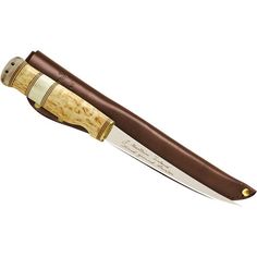 a knife with a wooden handle and brown leather sheath on the blade is shown in front of a white background