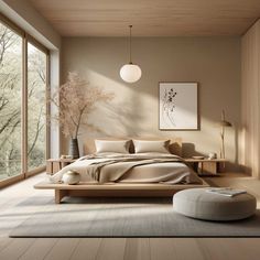 a large bed sitting in a bedroom on top of a hard wood floor next to a window