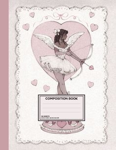 an illustration of a girl in a dress holding a bow and heart shaped balloon with the words composition book written below it