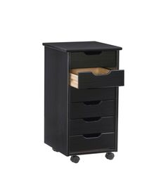 a black cabinet with three drawers on wheels