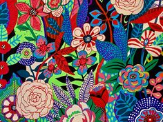 a painting of flowers and leaves on a black background with red, blue, green, pink, orange