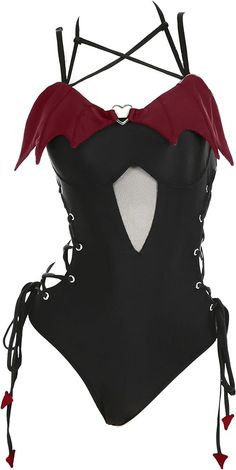 MEOWCOS Women's One Piece Swimsuits Gothic Swimsuit Devil Wings Tummy Control Bathing Suit One-Piece Swimwear Claret at Amazon Women’s Clothing store Gothic Bathing Suits, Gothic Swimwear, Gothic Swimsuit, Vampire Demon, Demon Character, Devil Wings, Swimwear Tankini, One Piece Swimsuits, Character Inspo