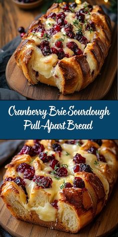 cranberry brie sourdough pull apart bread on a wooden platter