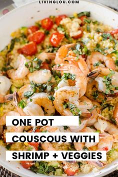 one pot couscous with shrimp and veggies in a white bowl on a table