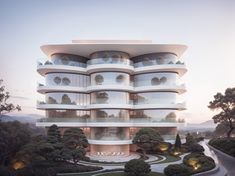 an artist's rendering of a modern building with circular balconies and trees