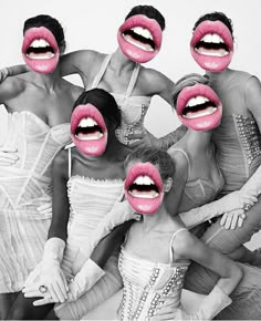 several women with their mouths open in front of them, all wearing pink lipsticks