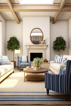 a living room with couches, chairs and a fire place in the center area