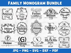 the family monogram bundle is shown in black and white, with different font styles