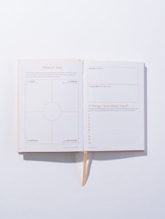 an open book on a white surface with a wooden stick sticking out of the cover