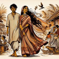 Indian Village Illustration, Indian Illustration Culture, Desi Drawing, Couple Illustrations, Indian Drawing, Pencil Sketches Easy, Couple Sketch