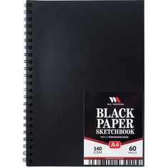 a black spiral notebook with the words,'black paper sketchbook '