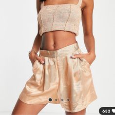 Nwt Satin Twill Shorts In Blonde. Paired Well With Seam Detail Tank Top Also Posted And Pictured. Shorts Are High Waisted But Do Not Have Any Stretch. True To Size. Black Spandex Shorts, Olive Green Shirt, Dad Shorts, Black Biker Shorts, Mom Denim, Navy Blue Linen, Ripped Jean Shorts, Basic Leggings, Cuffed Denim Shorts