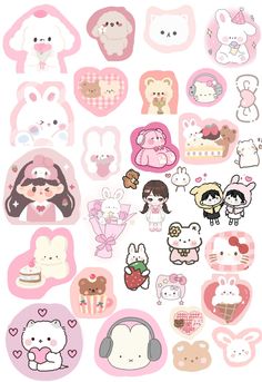 various stickers with different animals and people on them, all in pinks and white