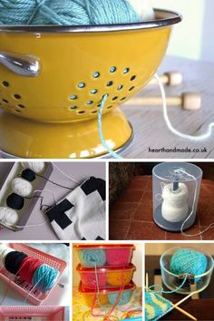 an image of yarn in a yellow colander on pinterest page, with photos and text below it