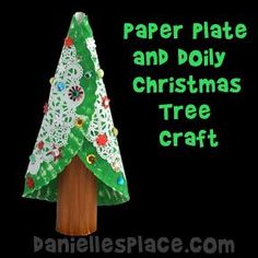 a paper plate and doily christmas tree craft on a black background with the words paper plate and doily christmas tree craft