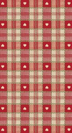 a red and beige plaid pattern with hearts on the front, as well as two smaller hearts