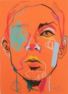 a drawing of a man's face on an orange background