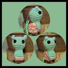 three pictures of a crocheted stuffed animal