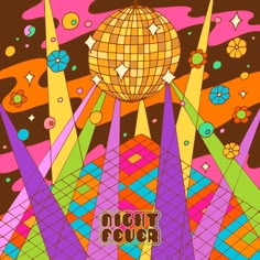 a poster with an image of a disco ball in the middle of some colorful shapes