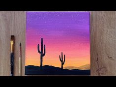 an acrylic painting of a cactus at sunset