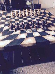 the chess board is made out of wood