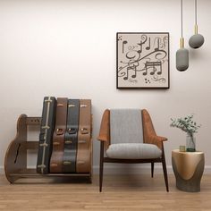 a chair and some suitcases are in a room with a wall hanging on the wall