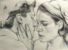 a drawing of a man and woman kissing each other with their hands on their face