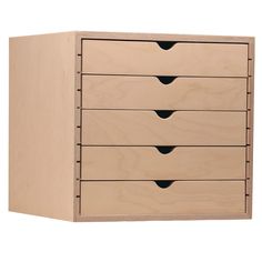 a wooden drawer with five drawers on one side and four black knobs on the other