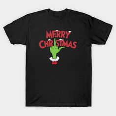 a black t - shirt with the words merry christmas written in red and green on it