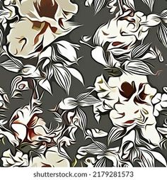 an abstract floral pattern with white and brown flowers on a gray background, suitable for wallpaper or fabric